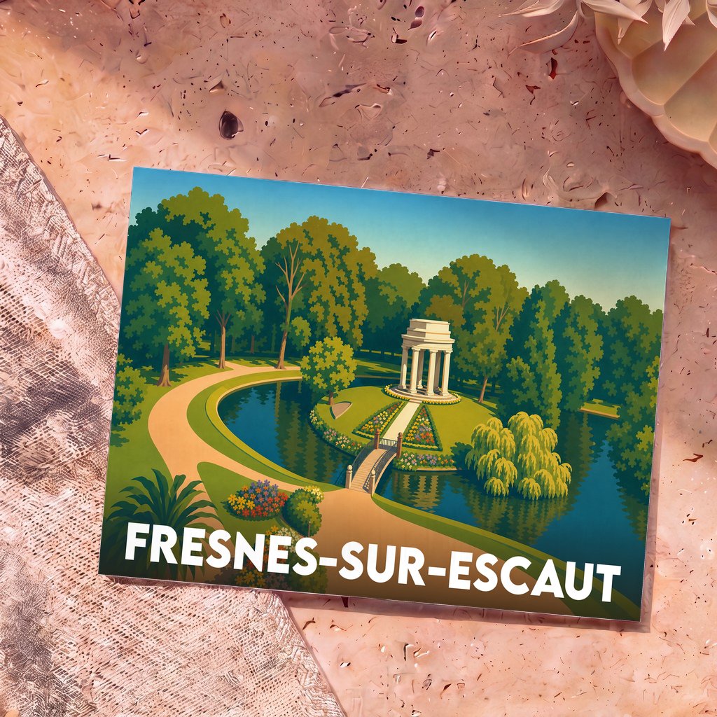 Carte postale souvenir de la ville de Fresnes-sur-Escaut illustrant un parc avec un pavillon blanc et un plan d'eau.