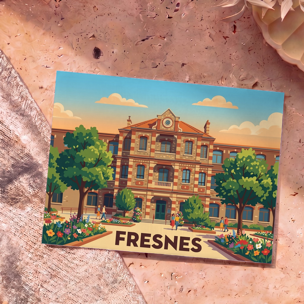 Carte postale souvenir de la ville de Fresnes illustrant un bâtiment historique en briques dans un style artistique coloré.