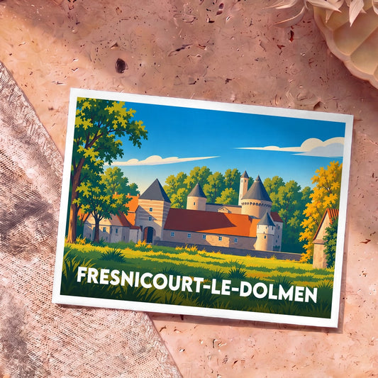Carte postale souvenir de la ville de Fresnicourt-le-Dolmen avec une illustration stylisée de son château.