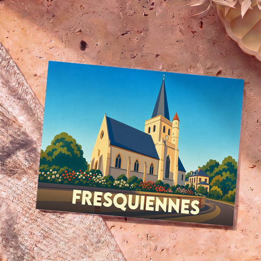 Carte postale souvenir de la ville de Fresquiennes illustrant son église avec un style graphique épuré.
