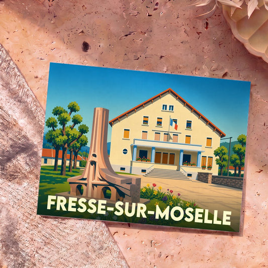 Carte postale souvenir de la ville de Fresse-sur-Moselle avec une illustration stylisée de sa mairie et d'un monument.