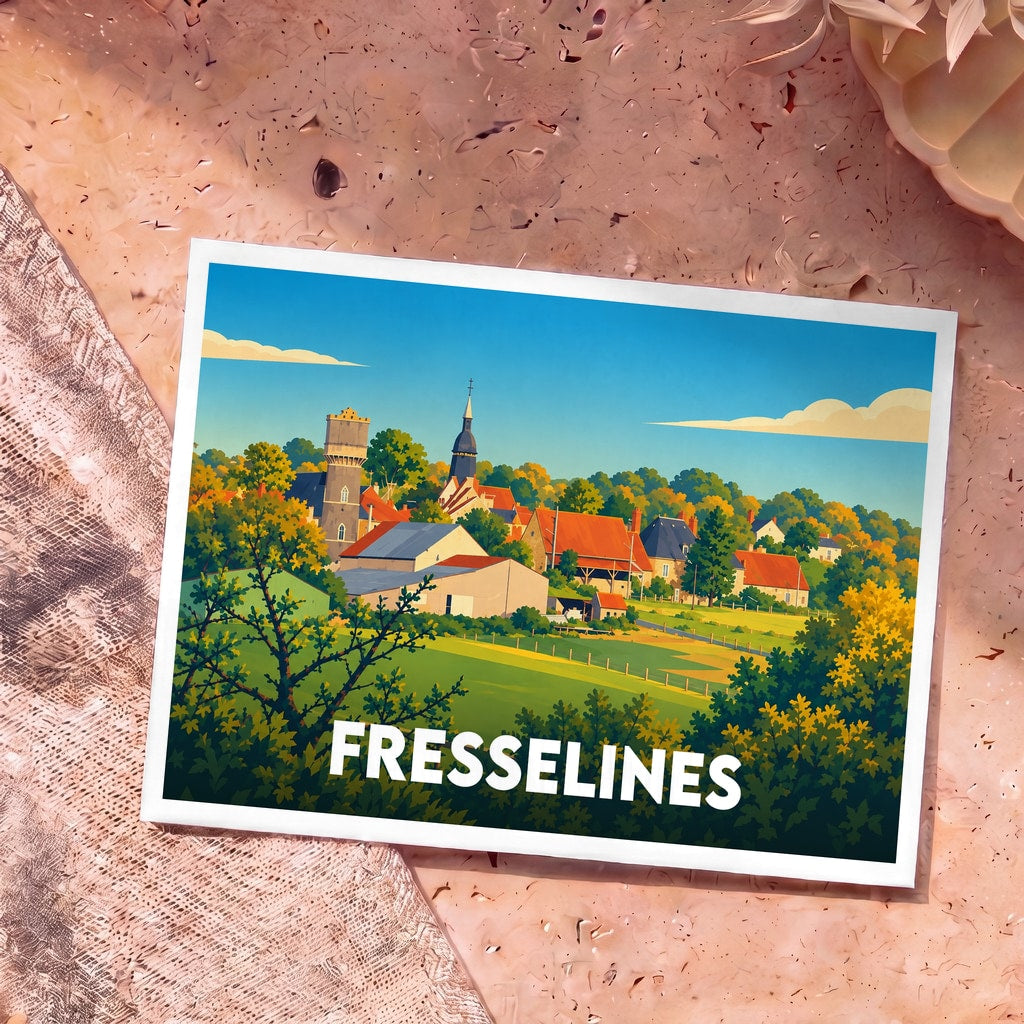 Carte postale souvenir de la ville de Fresselines avec une illustration paysagère colorée et stylisée.