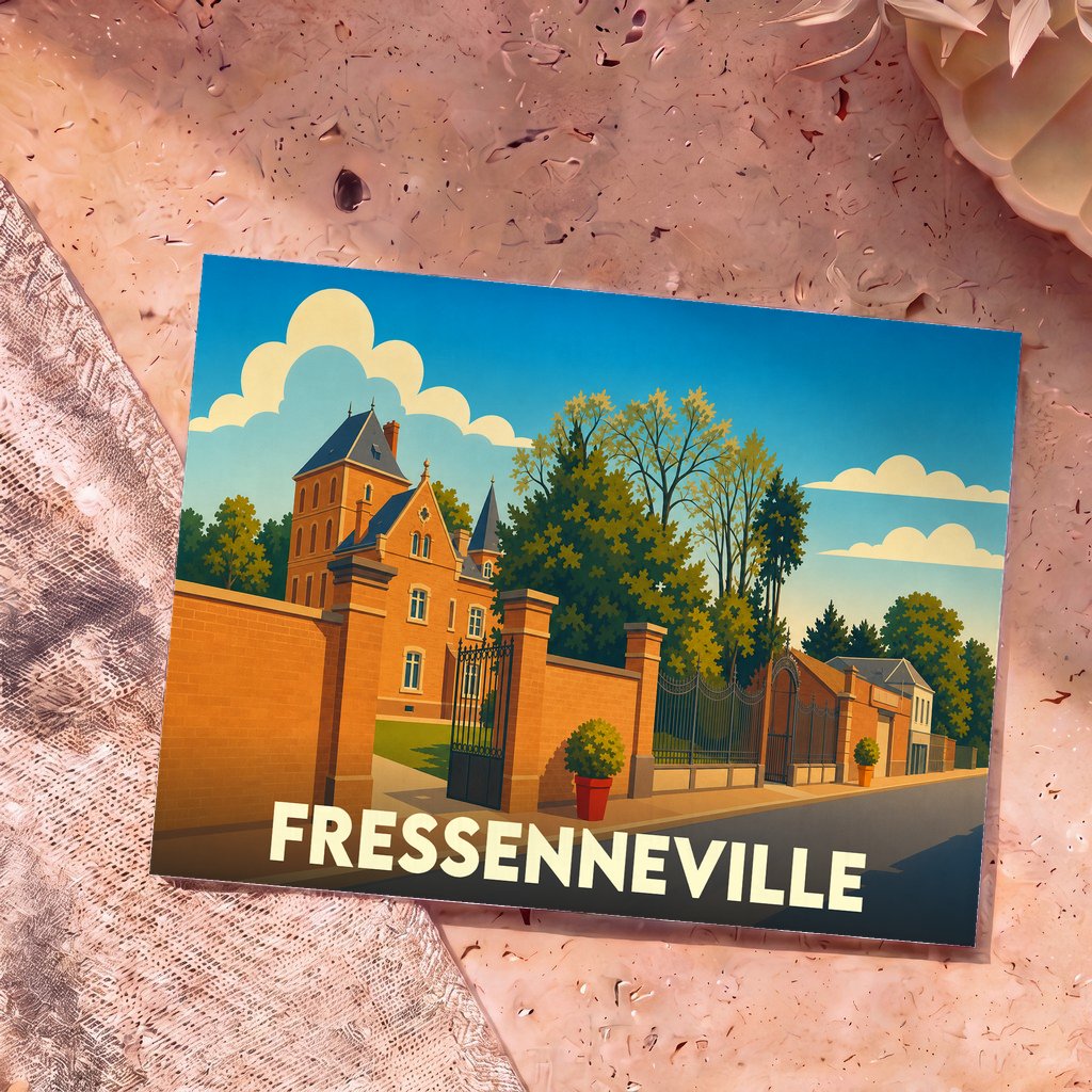 Carte postale souvenir de la ville de Fressenneville avec une illustration stylisée d'un manoir en briques.