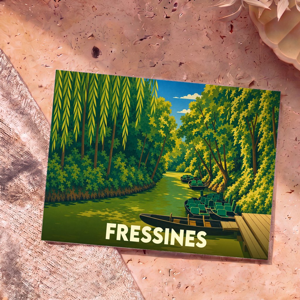 Carte postale souvenir de la ville de Fressines avec une illustration stylisée d'une barque sur une rivière bordée d'arbres.