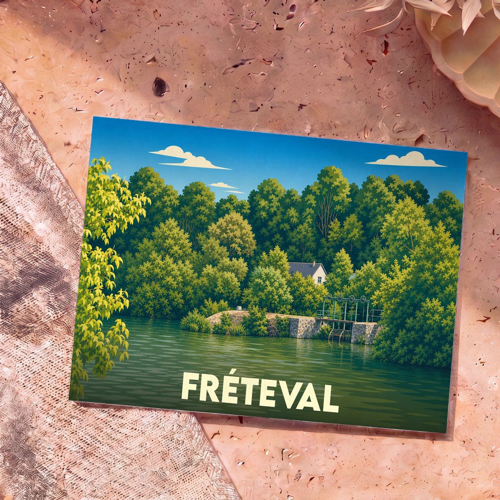 Carte postale souvenir de la ville de Fréteval avec une illustration stylisée d'un paysage de rivière et de forêt.
