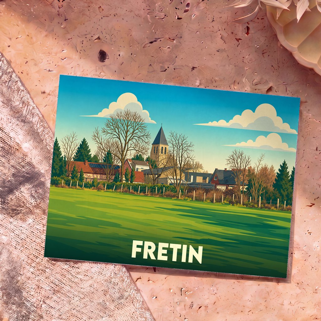 Carte postale souvenir de la ville de Fretin avec une illustration stylisée montrant son église et la campagne environnante.