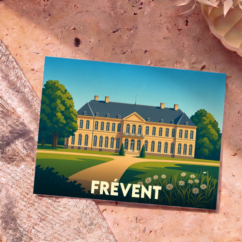 Carte postale souvenir de la ville de Frévent avec une illustration stylisée d'un château.