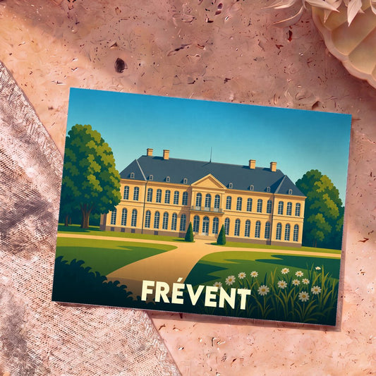 Carte postale souvenir de la ville de Frévent avec une illustration stylisée d'un château.