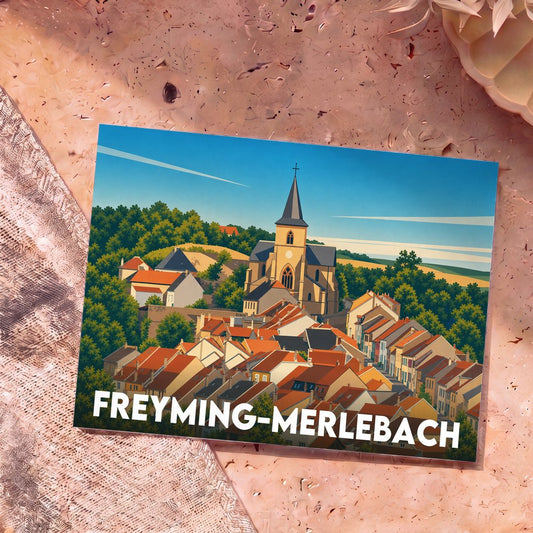Carte postale souvenir de la ville de Freyming-Merlebach avec une illustration stylisée de son église et de ses toits.
