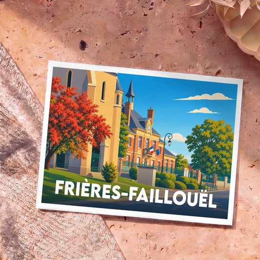 Carte postale souvenir de la ville de Frières-Faillouël avec une illustration stylisée de son architecture.