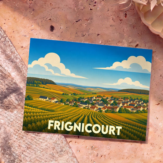 Carte postale souvenir de la ville de Frignicourt avec une illustration stylisée de paysages vallonnés.
