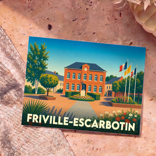 Carte postale souvenir de la ville de Friville-Escarbotin avec une illustration stylisée de sa mairie et de sa place.