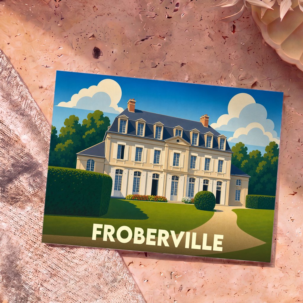 Carte postale souvenir de la ville de Froberville avec une illustration stylisée d'un manoir.