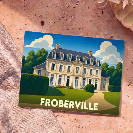 Carte postale souvenir de la ville de Froberville avec une illustration stylisée d'un manoir.