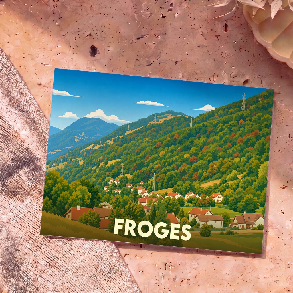 Carte postale souvenir de la ville de Froges avec une illustration stylisée de son paysage montagneux et de ses maisons.