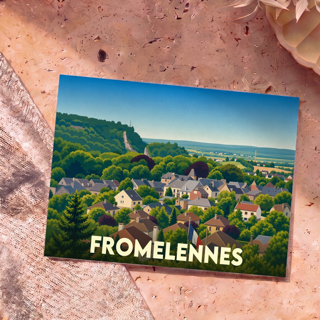 Carte postale souvenir de la ville de Fromelennes illustrée par une vue panoramique stylisée.