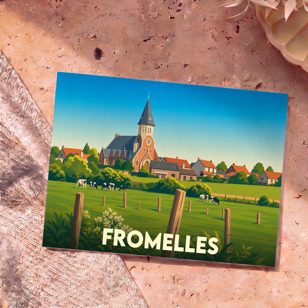 Carte postale souvenir de la ville de Fromelles avec une illustration stylisée d'une église, de maisons et de vaches dans un pré.