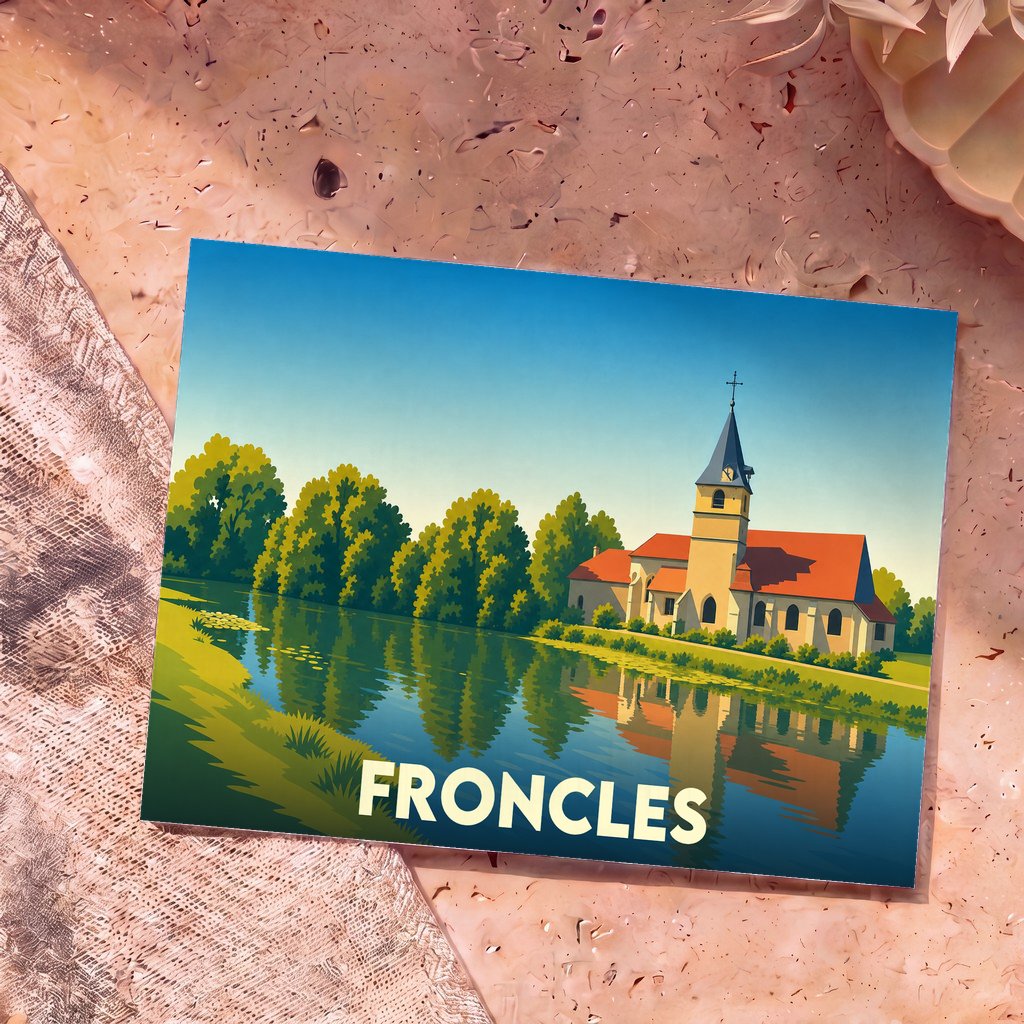 Carte postale souvenir de la ville de Froncles représentant une illustration stylisée de son église au bord de l'eau.