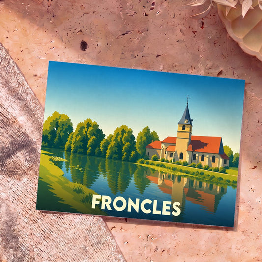 Carte postale souvenir de la ville de Froncles représentant une illustration stylisée de son église au bord de l'eau.