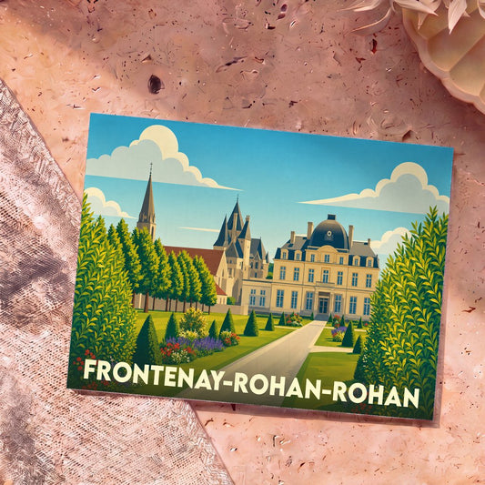 Carte postale souvenir de la ville de Frontenay-Rohan-Rohan avec une illustration stylisée de son patrimoine.