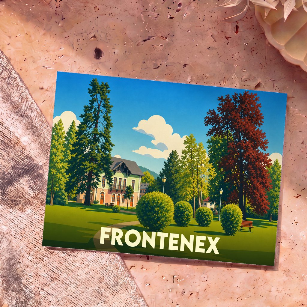 Carte postale souvenir de la ville de Frontenex avec une illustration stylisée d'un parc arboré.