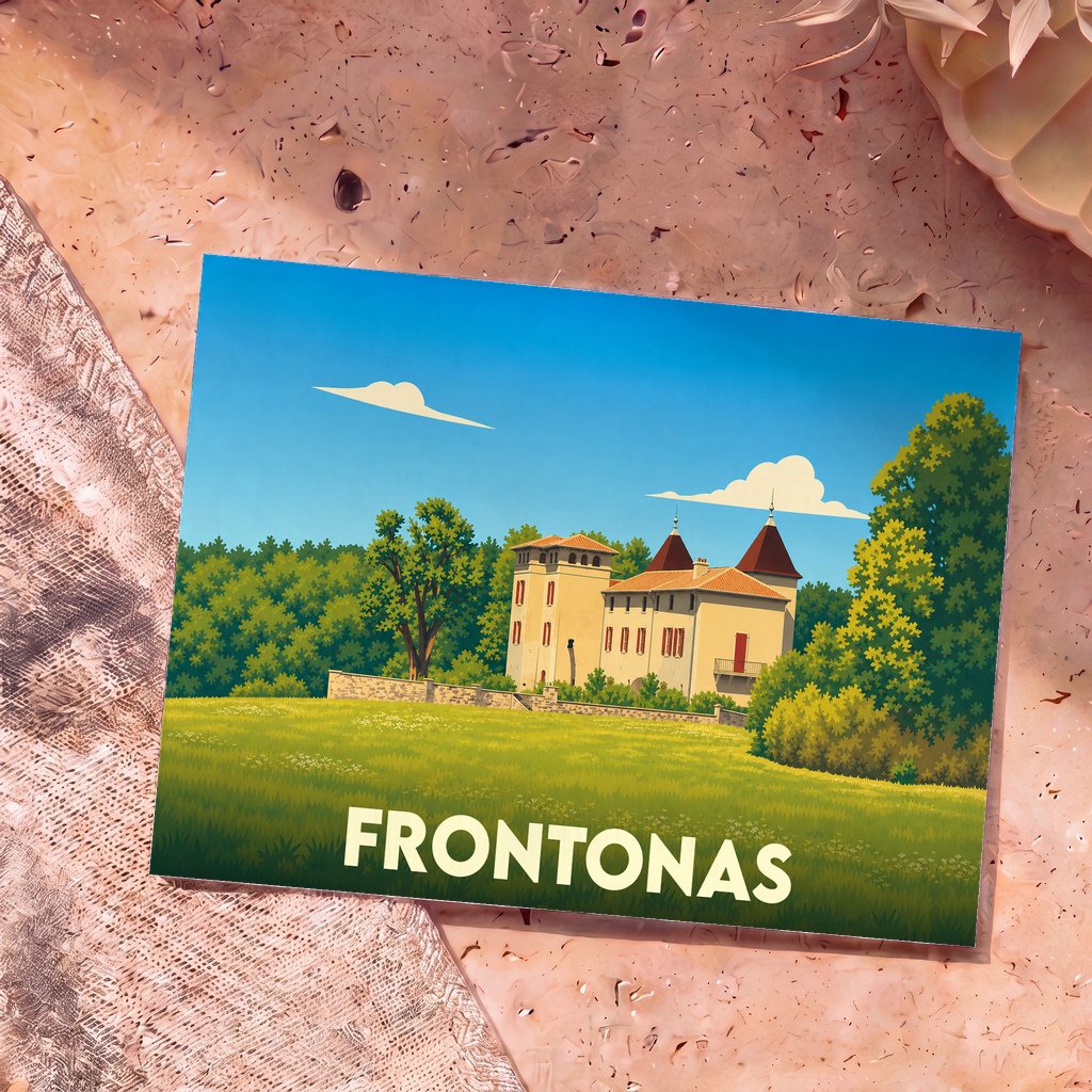 Carte postale souvenir de la ville de Frontonas illustrant une bâtisse historique dans un paysage verdoyant au style graphique épuré.