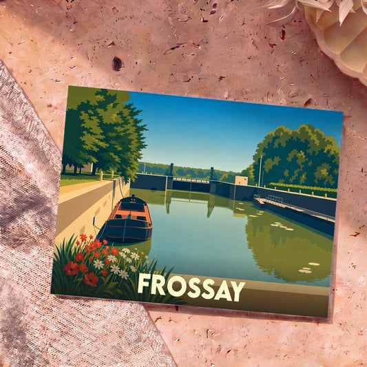 Carte postale souvenir de la ville de Frossay avec une illustration stylisée d'un canal et de son écluse.