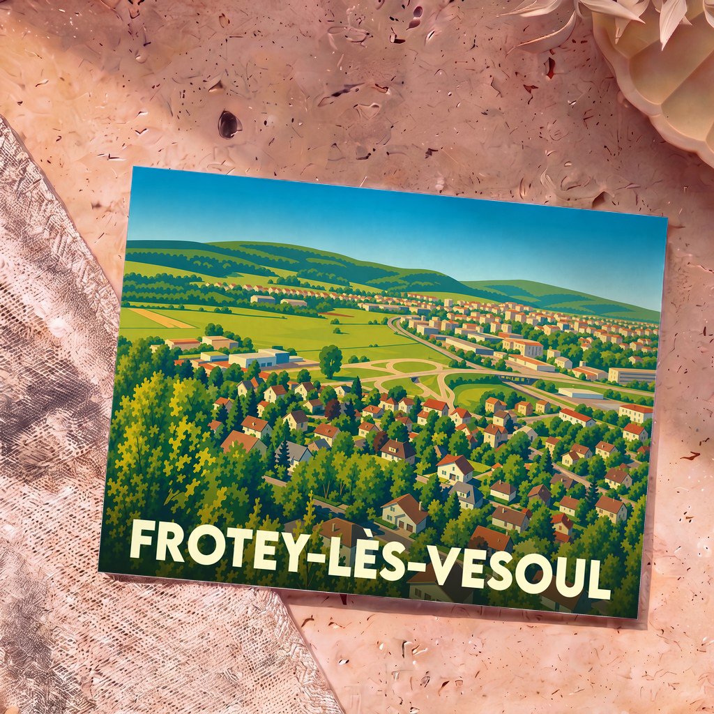 Carte postale souvenir de la ville de Frotey-lès-Vesoul avec une illustration stylisée de son paysage urbain et verdoyant.