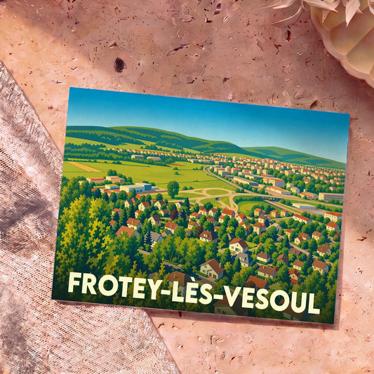 Carte postale souvenir de la ville de Frotey-lès-Vesoul avec une illustration stylisée de son paysage urbain et verdoyant.