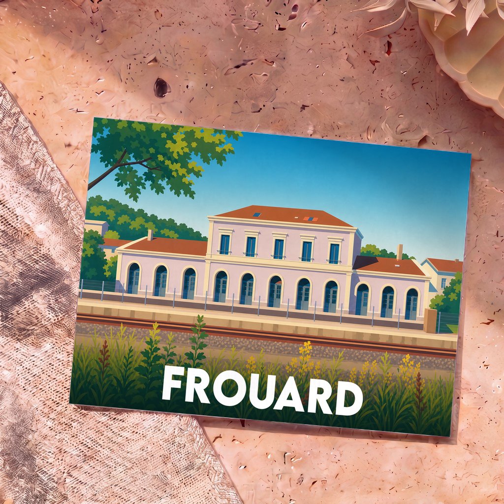Carte postale souvenir de la ville de Frouard avec une illustration stylisée de sa gare ferroviaire.