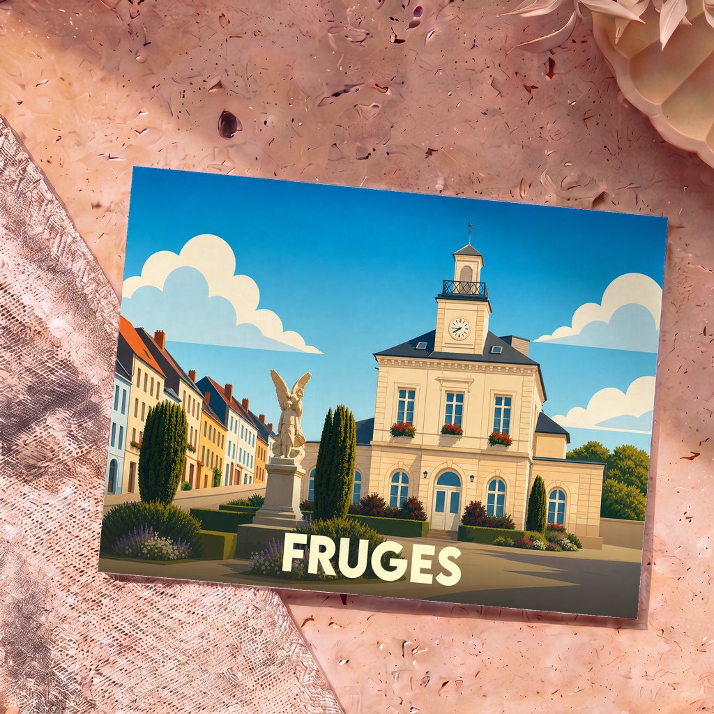 Carte postale souvenir de la ville de Fruges illustrant l'hôtel de ville et sa place dans un style graphique épuré.