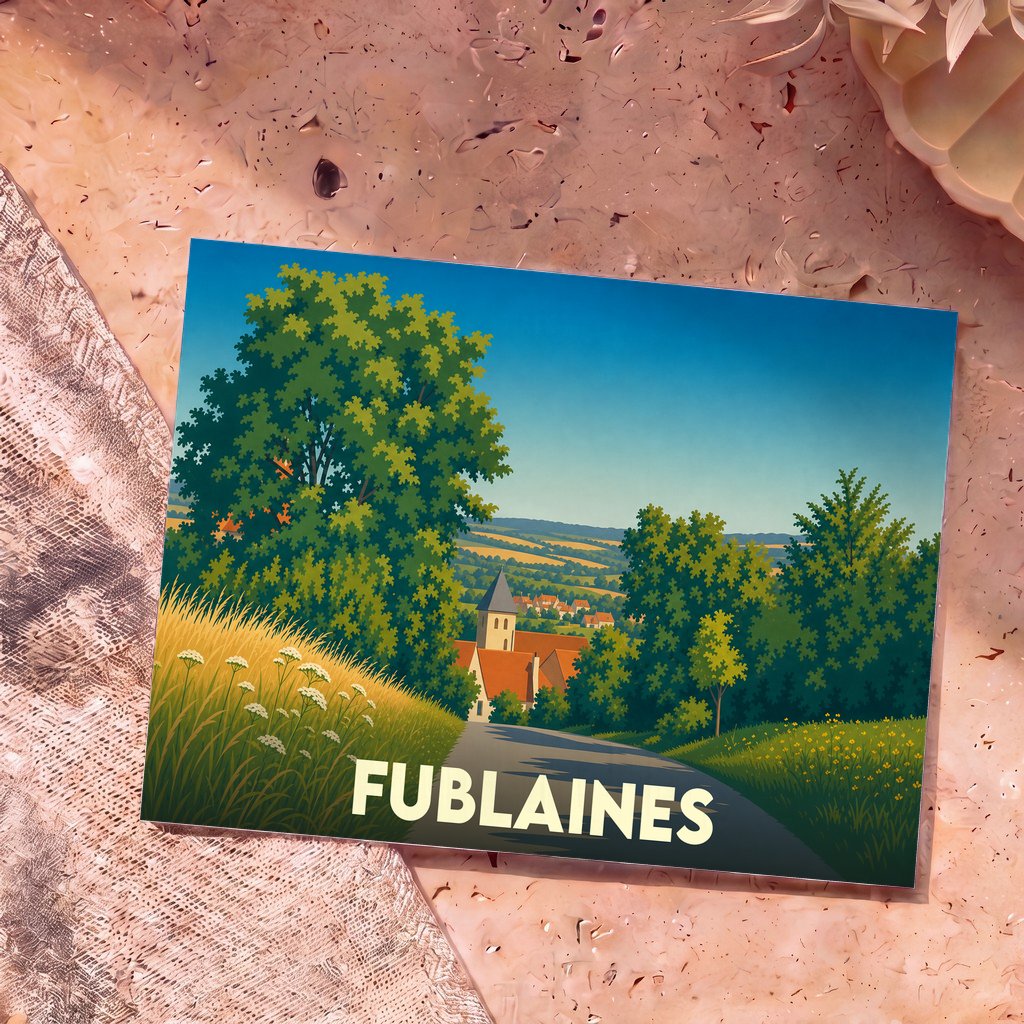 Carte postale souvenir de la ville de Fublaines avec une illustration paysagère stylisée.
