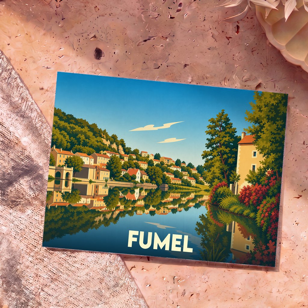 Carte postale souvenir de la ville de Fumel avec une illustration stylisée d'un paysage fluvial.