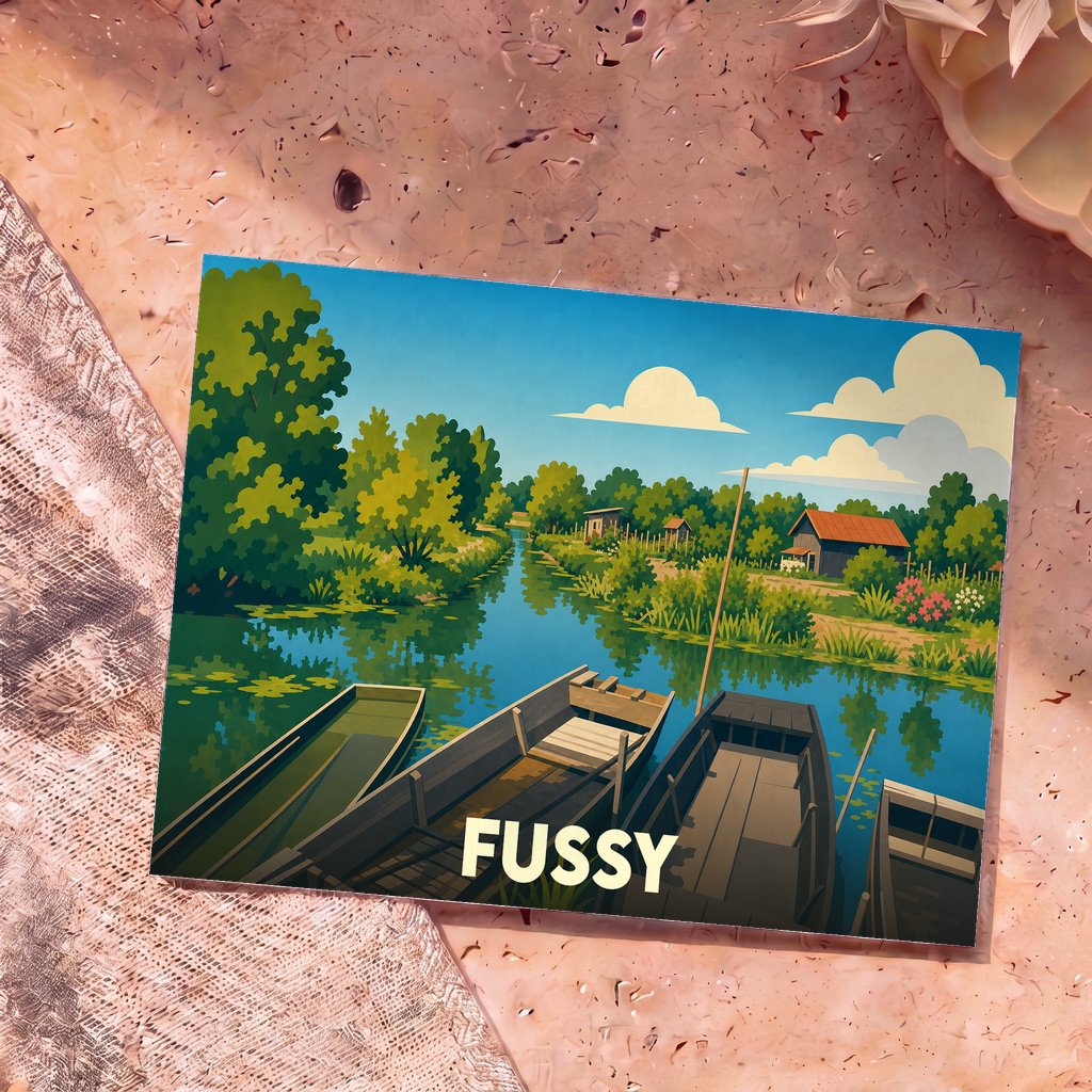 Carte postale souvenir de la ville de Fussy avec une illustration stylisée de barques sur un canal.