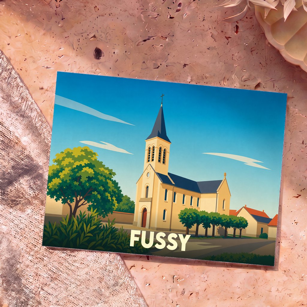 Carte postale souvenir de la ville de Fussy avec une illustration stylisée de son église.
