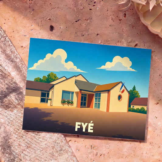 Carte postale souvenir de la ville de Fyé avec une illustration stylisée de sa mairie.