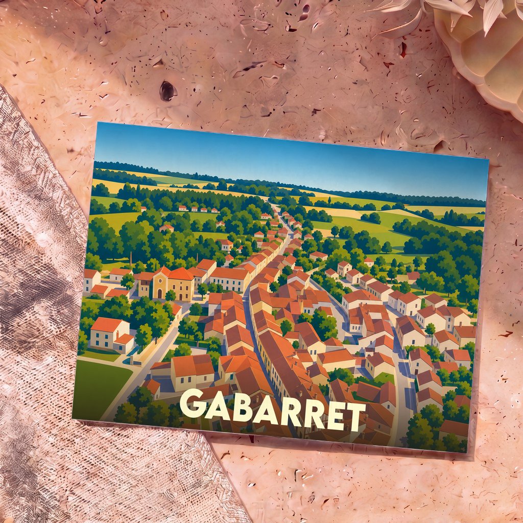 Carte postale souvenir de la ville de Gabarret avec une illustration stylisée vue du ciel.