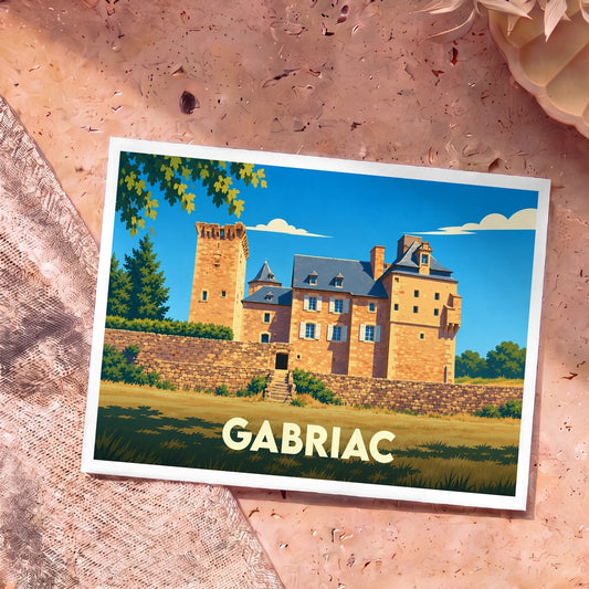 Carte postale souvenir de la ville de Gabriac avec une illustration stylisée de son château.