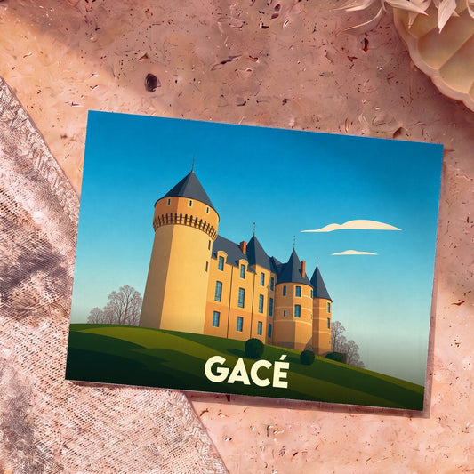 Carte postale souvenir de la ville de Gacé illustrant son château dans un style épuré et coloré.