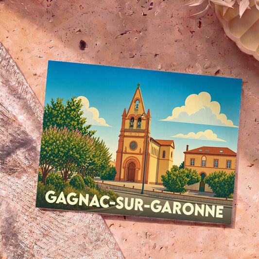 Carte postale souvenir de la ville de Gagnac-sur-Garonne avec une illustration stylisée de son église sous un ciel bleu.