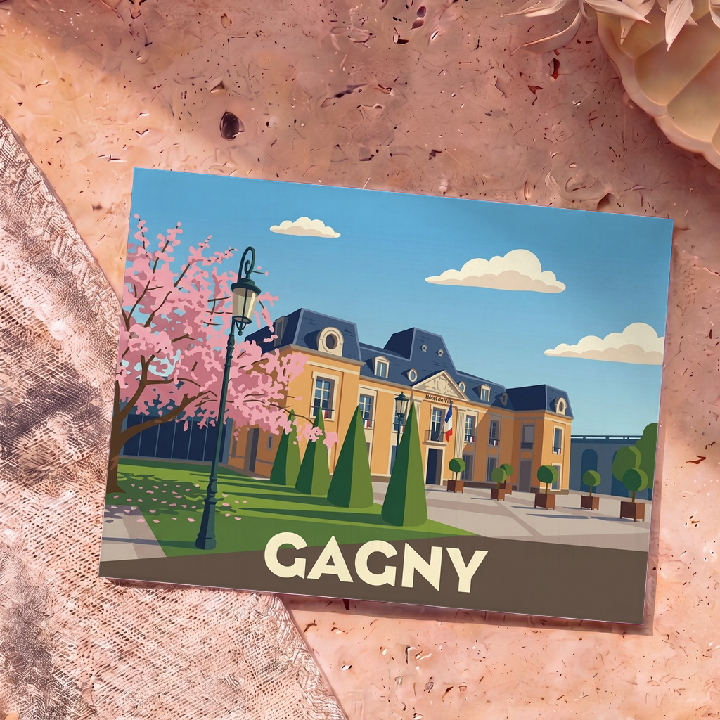 Carte postale souvenir de la ville de Gagny avec une illustration stylisée de l'hôtel de ville et d'un cerisier en fleurs.