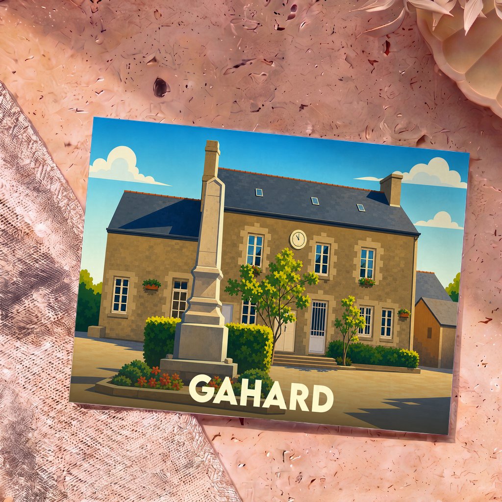Carte postale souvenir de la ville de Gahard illustrant sa mairie et son monument aux morts dans un style épuré.