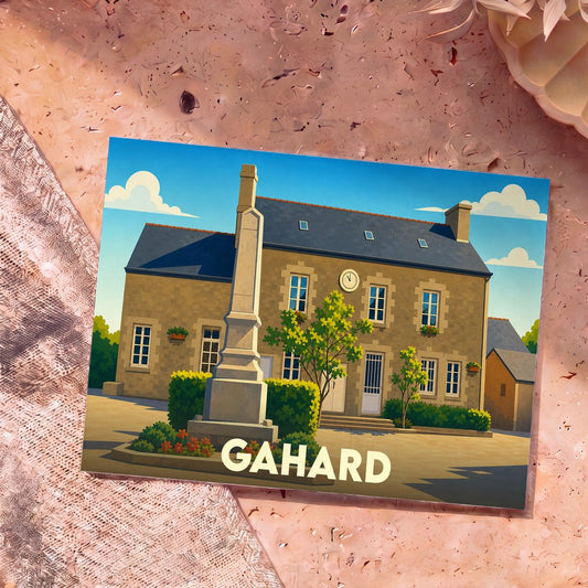 Carte postale souvenir de la ville de Gahard illustrant sa mairie et son monument aux morts dans un style épuré.