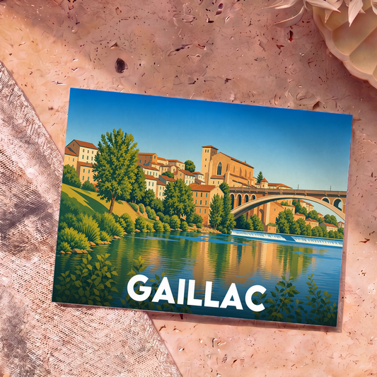 Carte postale souvenir de la ville de Gaillac avec une illustration colorée et stylisée représentant les quais du Tarn.