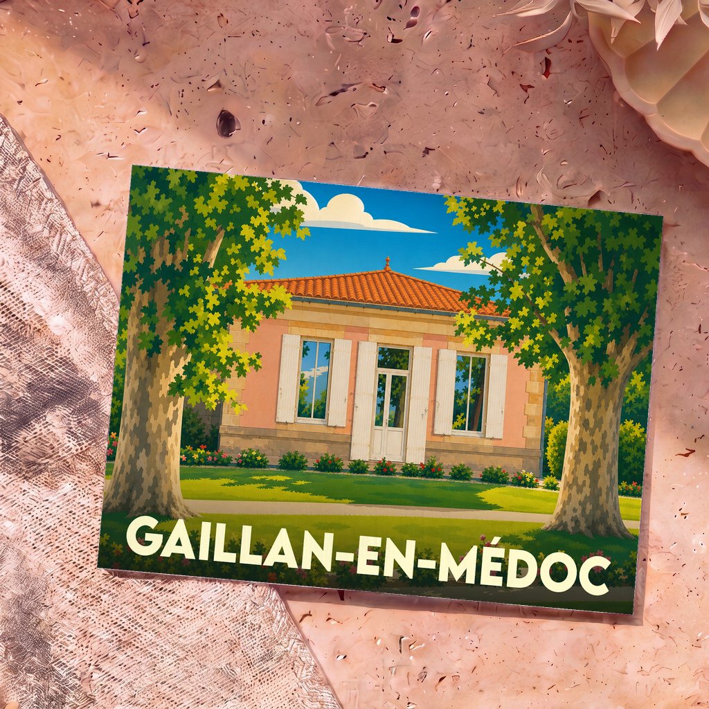 Carte postale souvenir de la ville de Gaillan-en-Médoc avec une illustration stylisée d'une maison girondine sous des platanes.