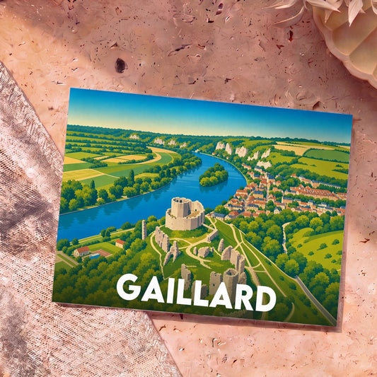 Carte postale souvenir de Gaillard avec une illustration stylisée du Château-Gaillard surplombant la Seine.