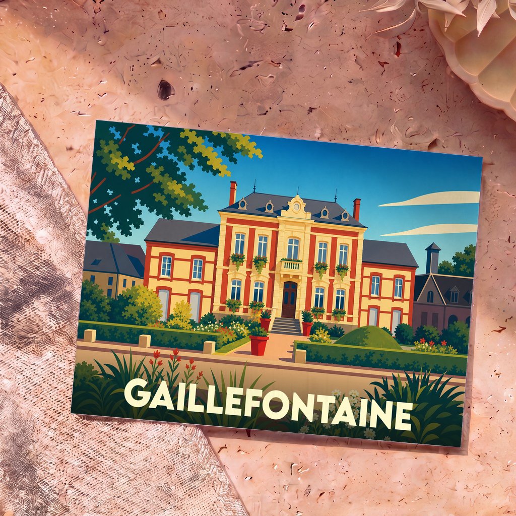 Carte postale souvenir de la ville de Gaillefontaine ornée d'une illustration stylisée de sa mairie.