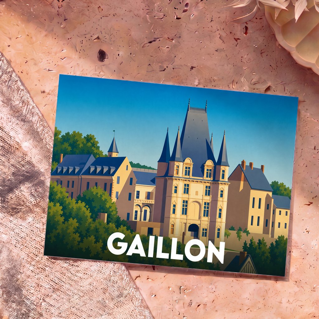 Carte postale souvenir de la ville de Gaillon avec une illustration stylisée de son château.