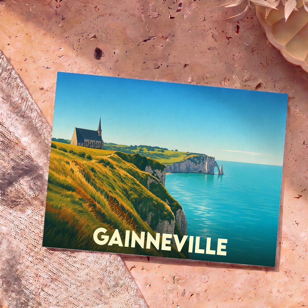 Carte postale souvenir de la ville de Gainneville avec une illustration stylisée de falaises en bord de mer.