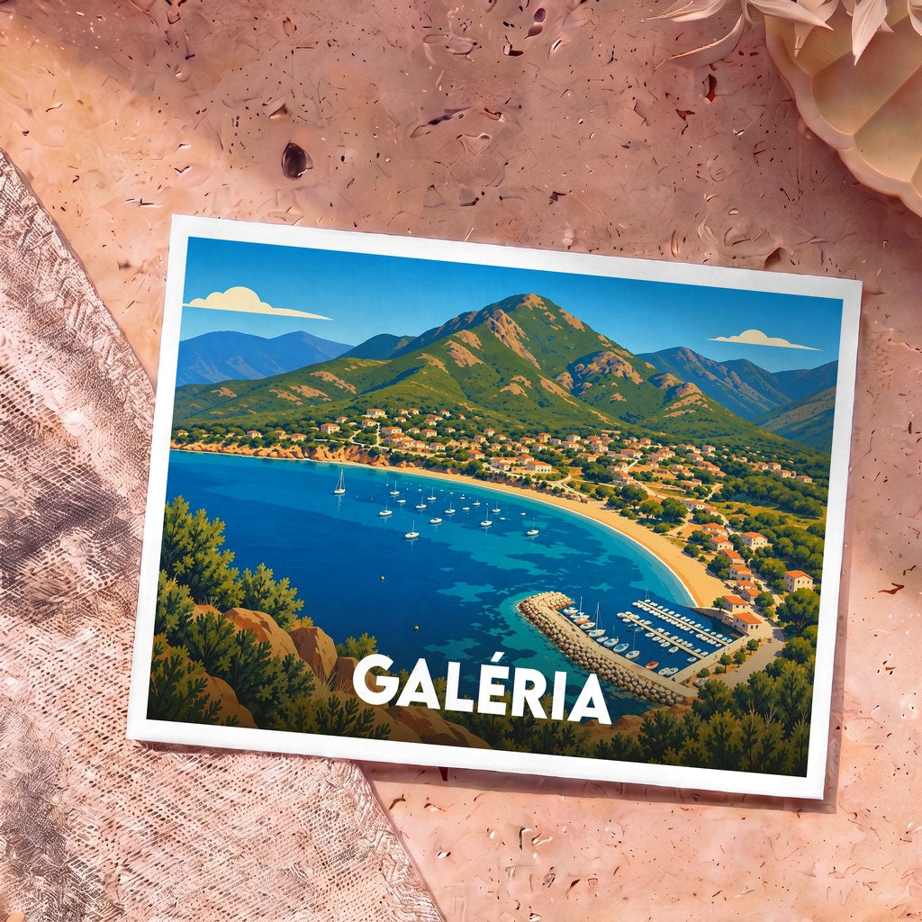 Carte postale souvenir de la ville de Galéria avec une illustration stylisée de sa baie et de ses montagnes.
